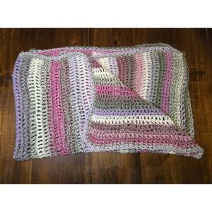 Handmade Crocheted 58x35" Afghan Blanket Purples Greens Creams Soft Striped